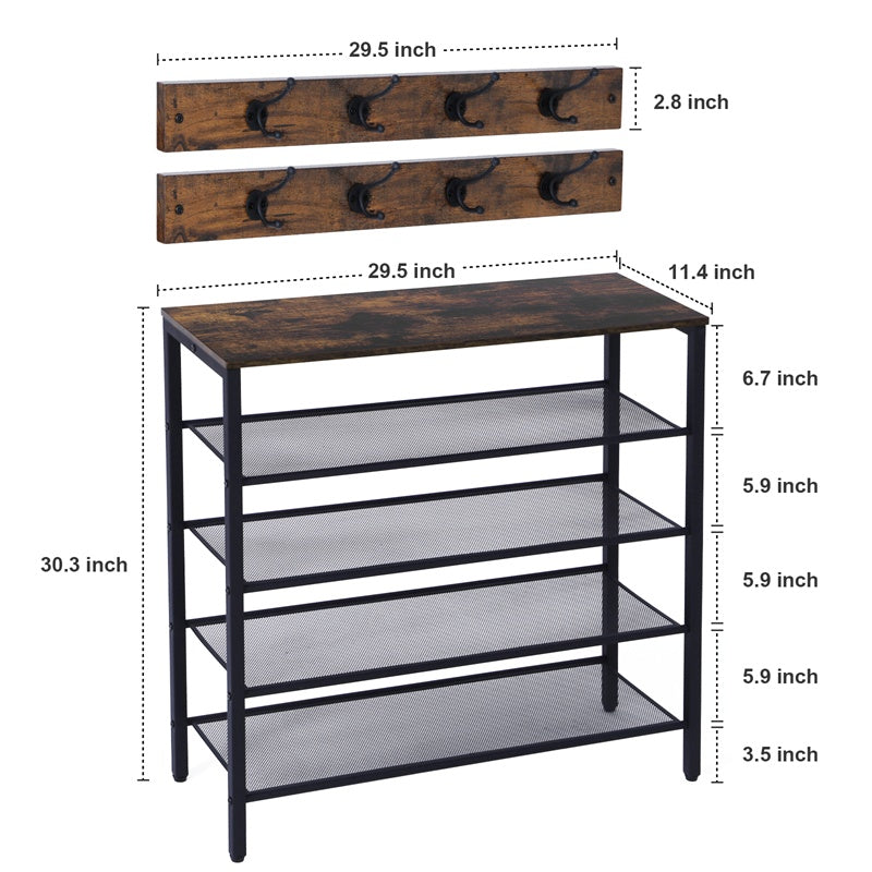 4-Tier Rustic Wooden Shoe Rack with Grid Rack & Coat Hooks – Steel Frame Entryway Organizer