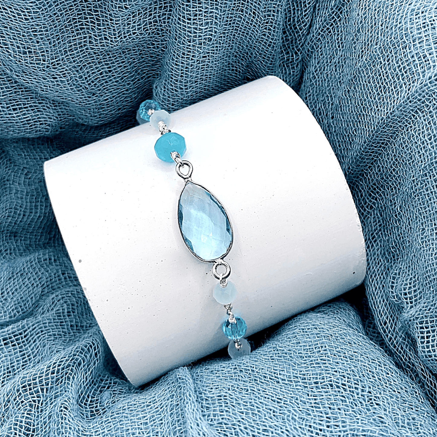 Aquamarine Quartz Adjustable Silver Gemstone Bracelet