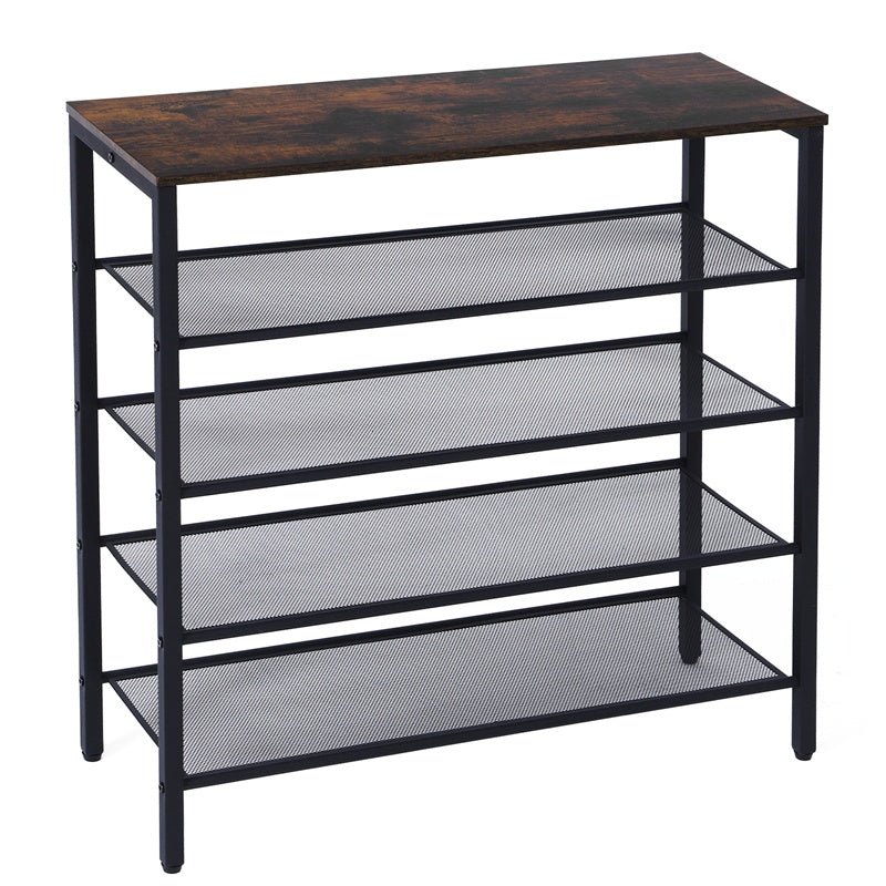 4-Tier Rustic Wooden Shoe Rack with Grid Rack & Coat Hooks – Steel Frame Entryway Organizer