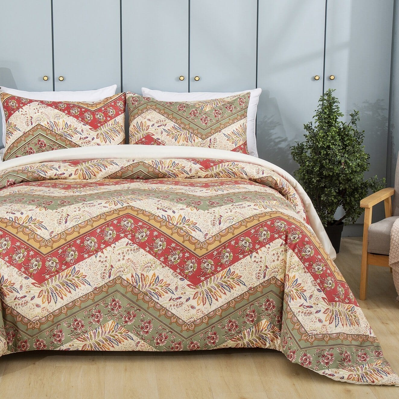 Botanical Cranberry Sage Chevron Floral Duvet Cover Set – DaDa Bedding