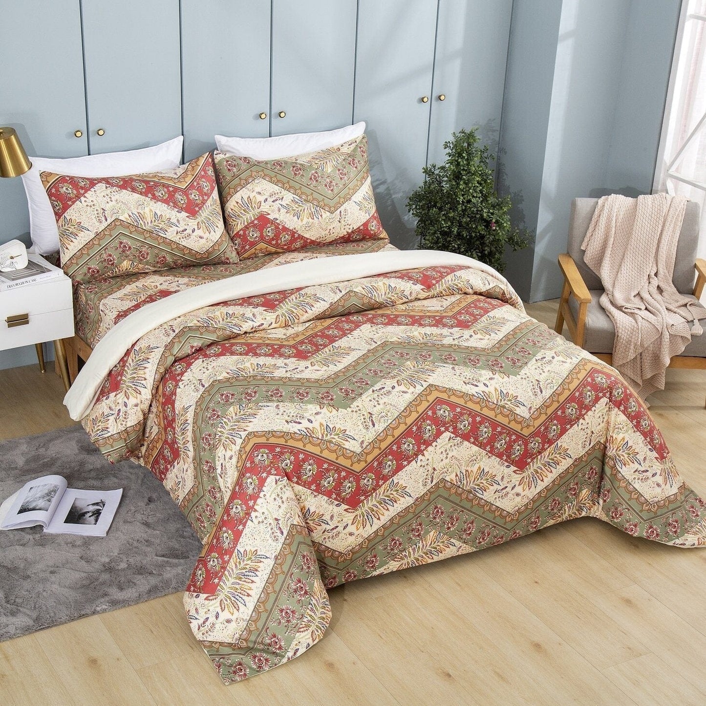 Botanical Cranberry Sage Chevron Floral Duvet Cover Set – DaDa Bedding