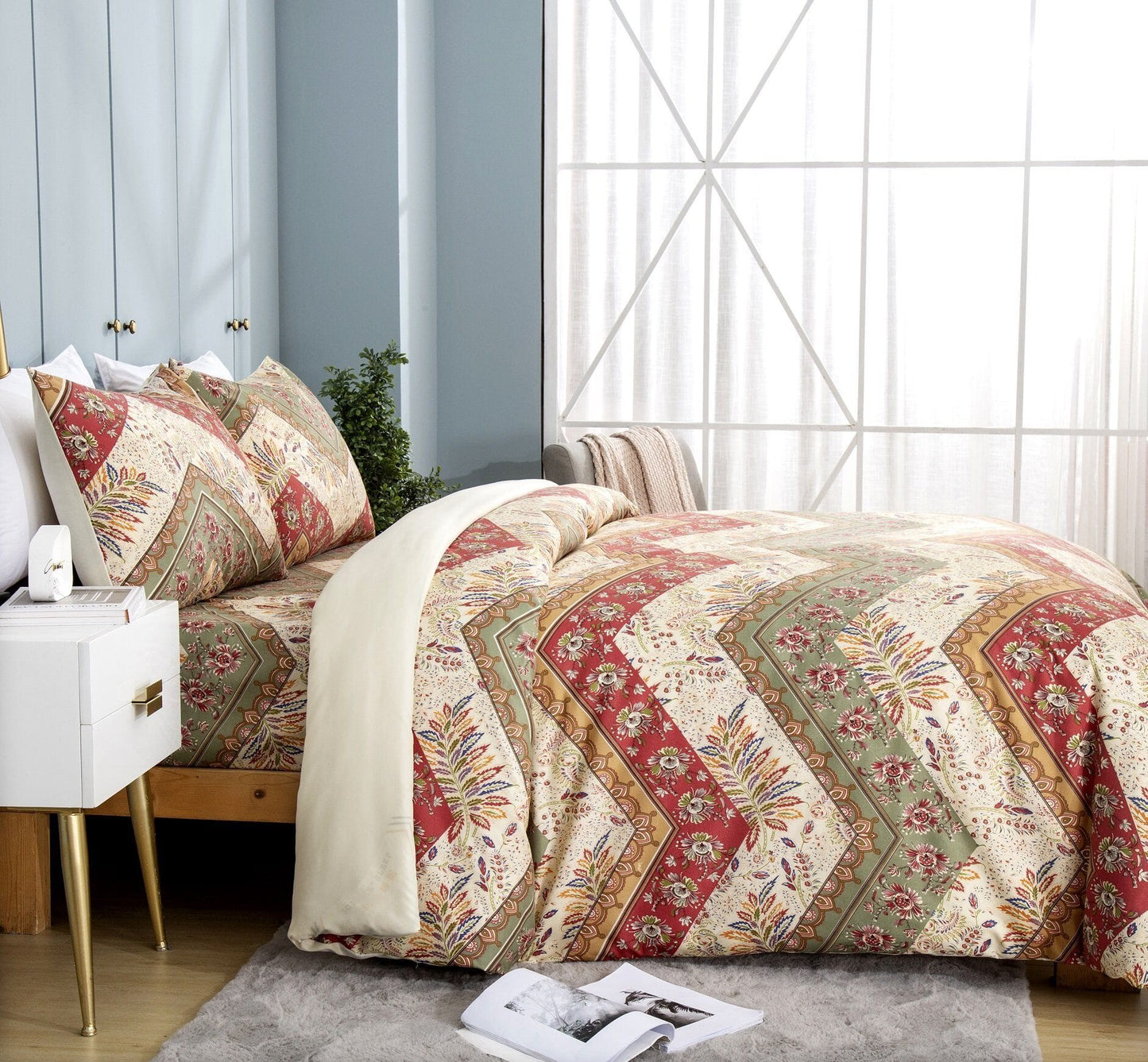 Botanical Cranberry Sage Chevron Floral Duvet Cover Set – DaDa Bedding