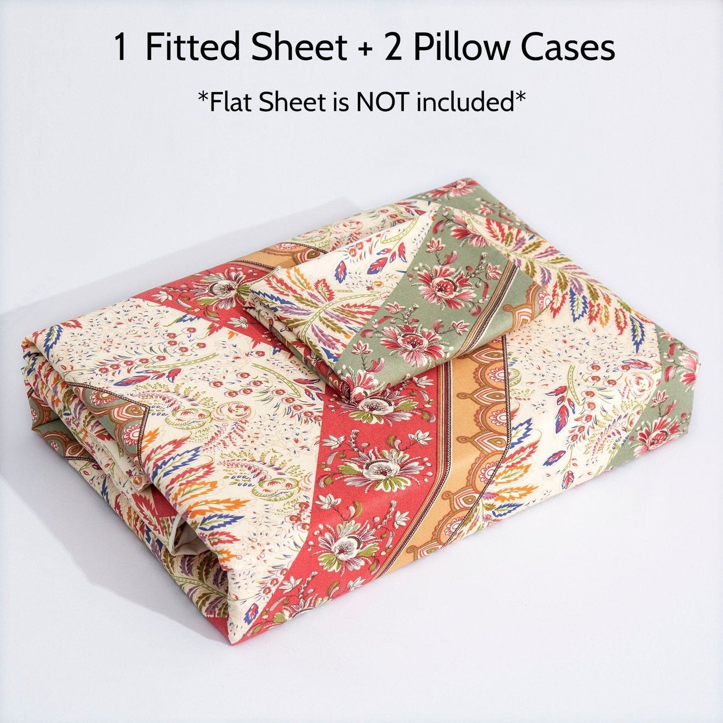 Botanical Cranberry Sage Chevron Floral Fitted Bed Sheet w/ Pillow Cases