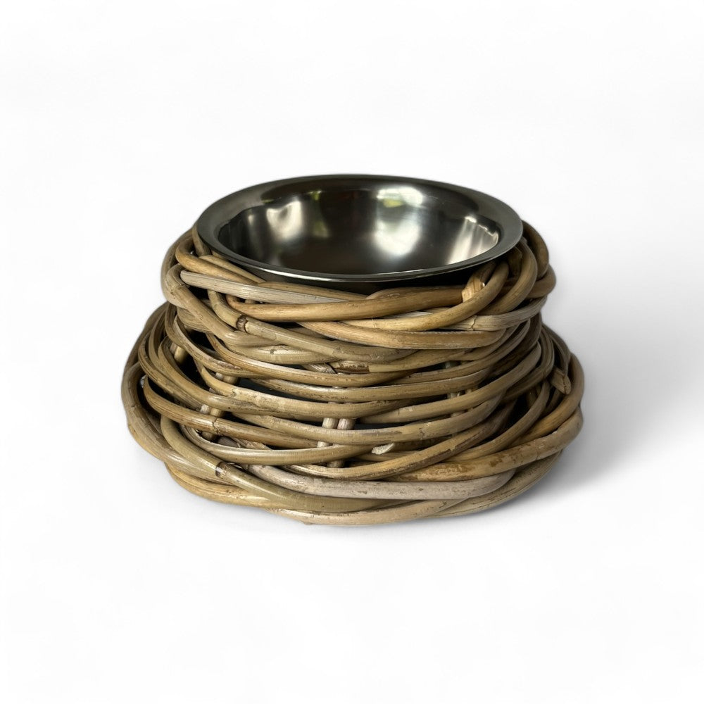 Rattan Pet Bowl with Stainless Steel Bowl