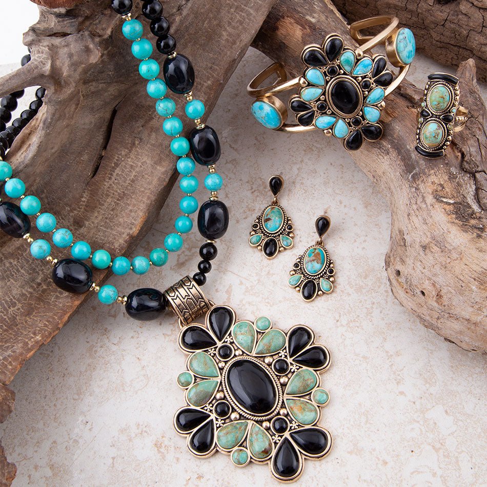 Barcelona Blue Turquoise Black Onyx Golden Cuff Bracelet
