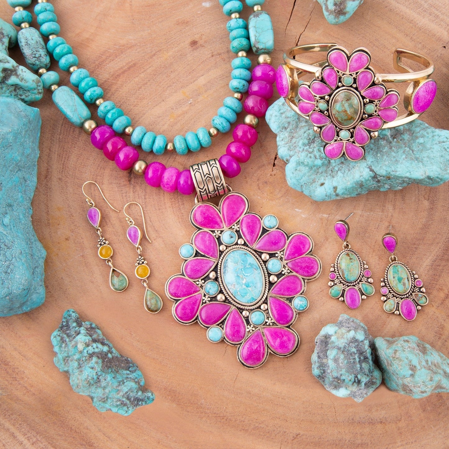 Barcelona Pink Agate and Blue Turquoise Statement Cuff Bracelet