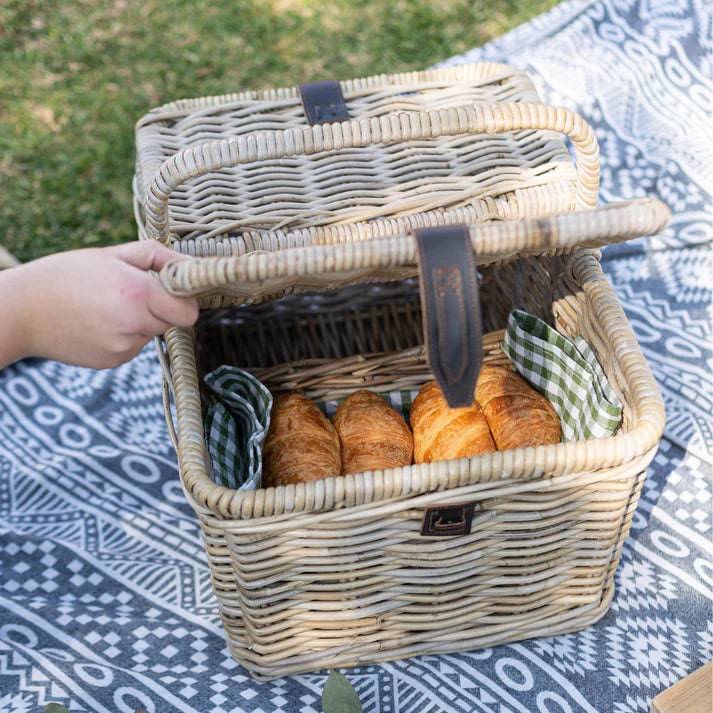 Rattan Picnic Basket with Faux Leather Straps