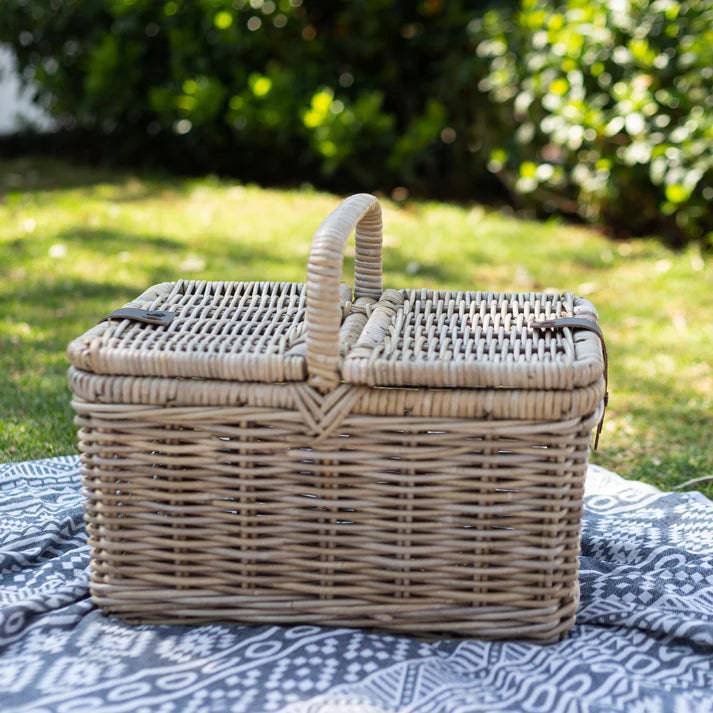 Rattan Picnic Basket with Faux Leather Straps
