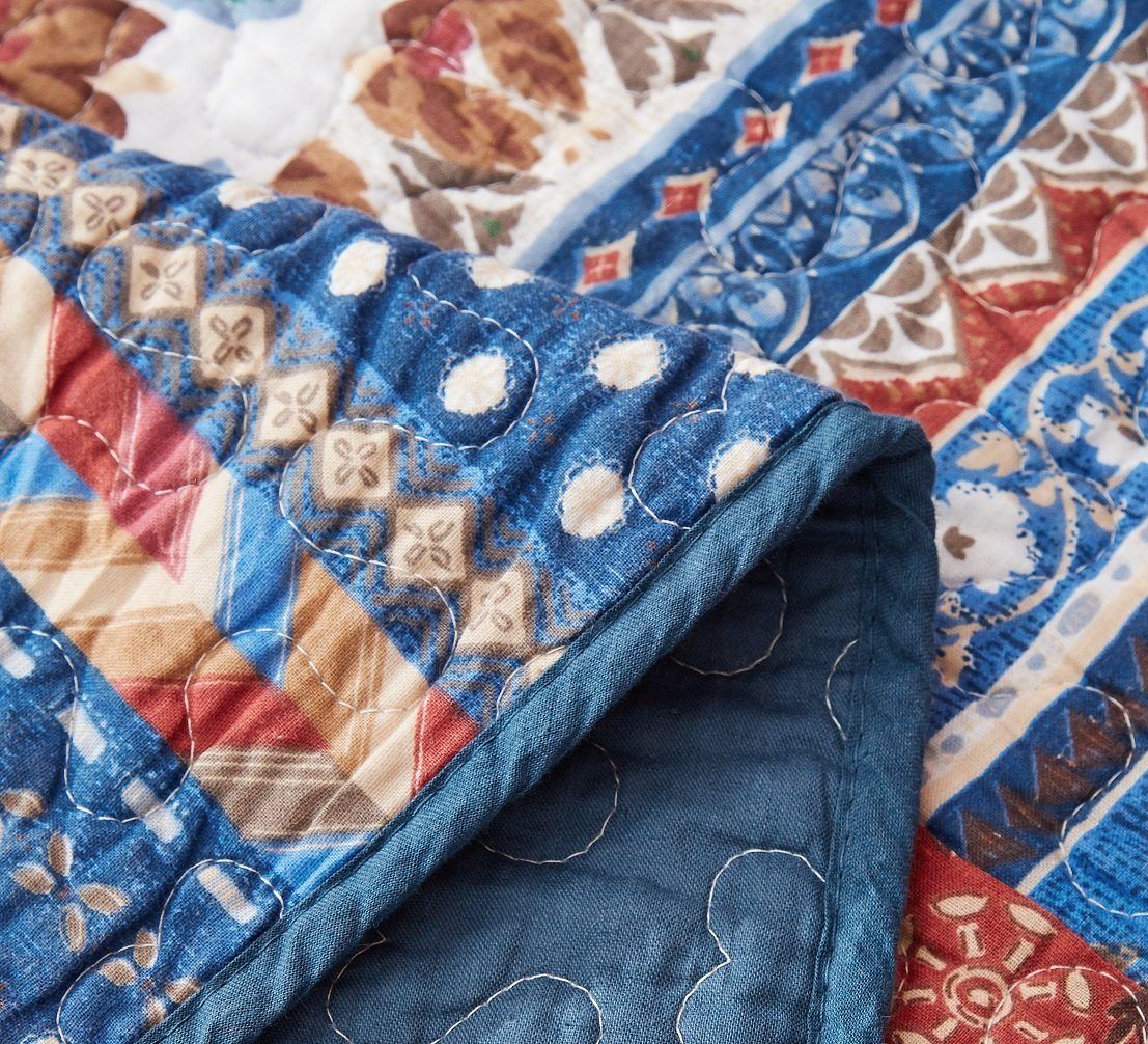 DaDa Bedding Bohemian Vibes Mediterranean Blue Floral Patchwork Quilted Bedspread Set (JHW878)