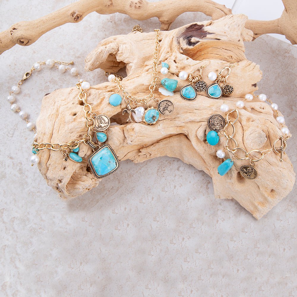 Blue Turquoise and White Pearl Multi Charm Golden Bracelet
