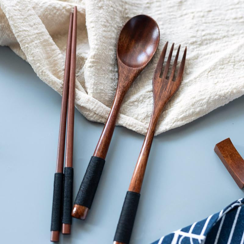 Wooden Tableware Set, 18 Counts Including Spoon, Chopsticks & Fork Set, Handmade Household Tableware, Lunch Packing Accessories, Kitchen Utensils, Kitchen Gadgets, Kitchen Accessories, Dorm Accessories, Gifts