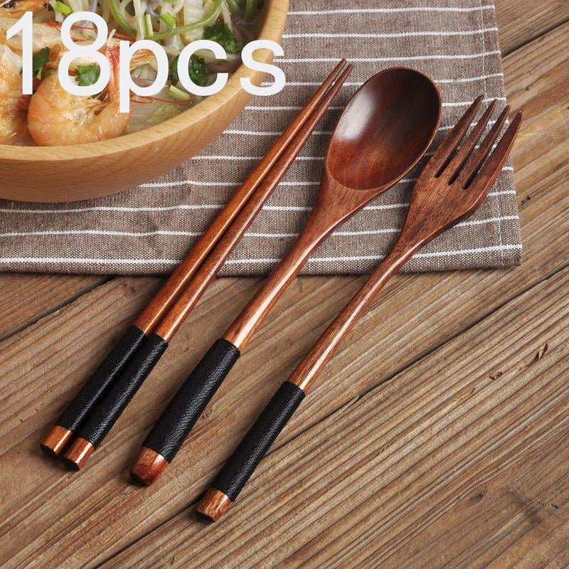 Wooden Tableware Set, 18 Counts Including Spoon, Chopsticks & Fork Set, Handmade Household Tableware, Lunch Packing Accessories, Kitchen Utensils, Kitchen Gadgets, Kitchen Accessories, Dorm Accessories, Gifts