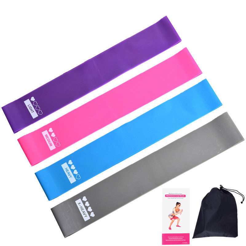 Set of resistance bands in purple, pink, blue, and gray with a carrying bag on a white background.