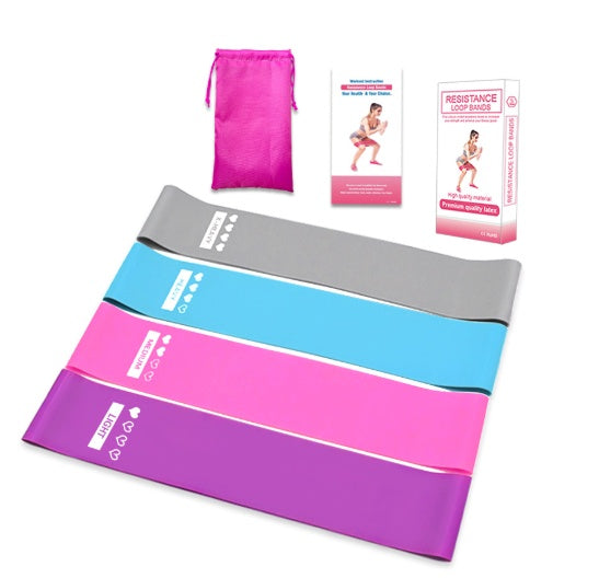 Resistance bands with packaging on a white background