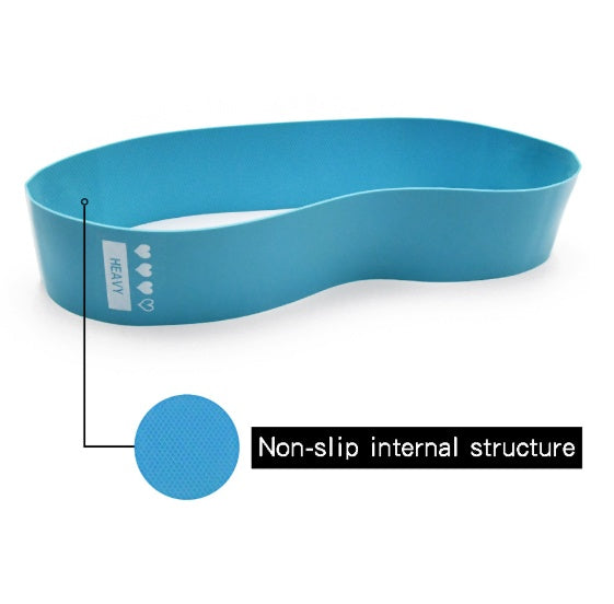 Blue resistance band with 'Heavy' label and non-slip internal structure text on a white background