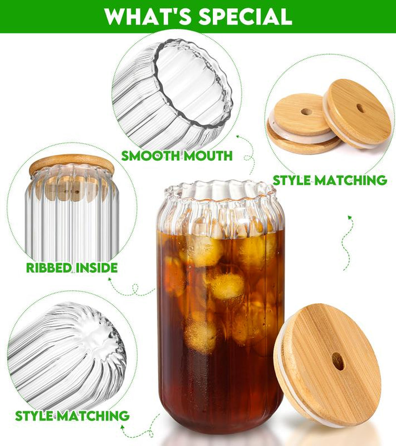 16Oz Glass Cups with Lids & Straws – Reusable Clear Cups for Iced Coffee, Juice, Smoothies, Bubble Tea & Cold Drinks | Bonus Halloween & Christmas Stickers