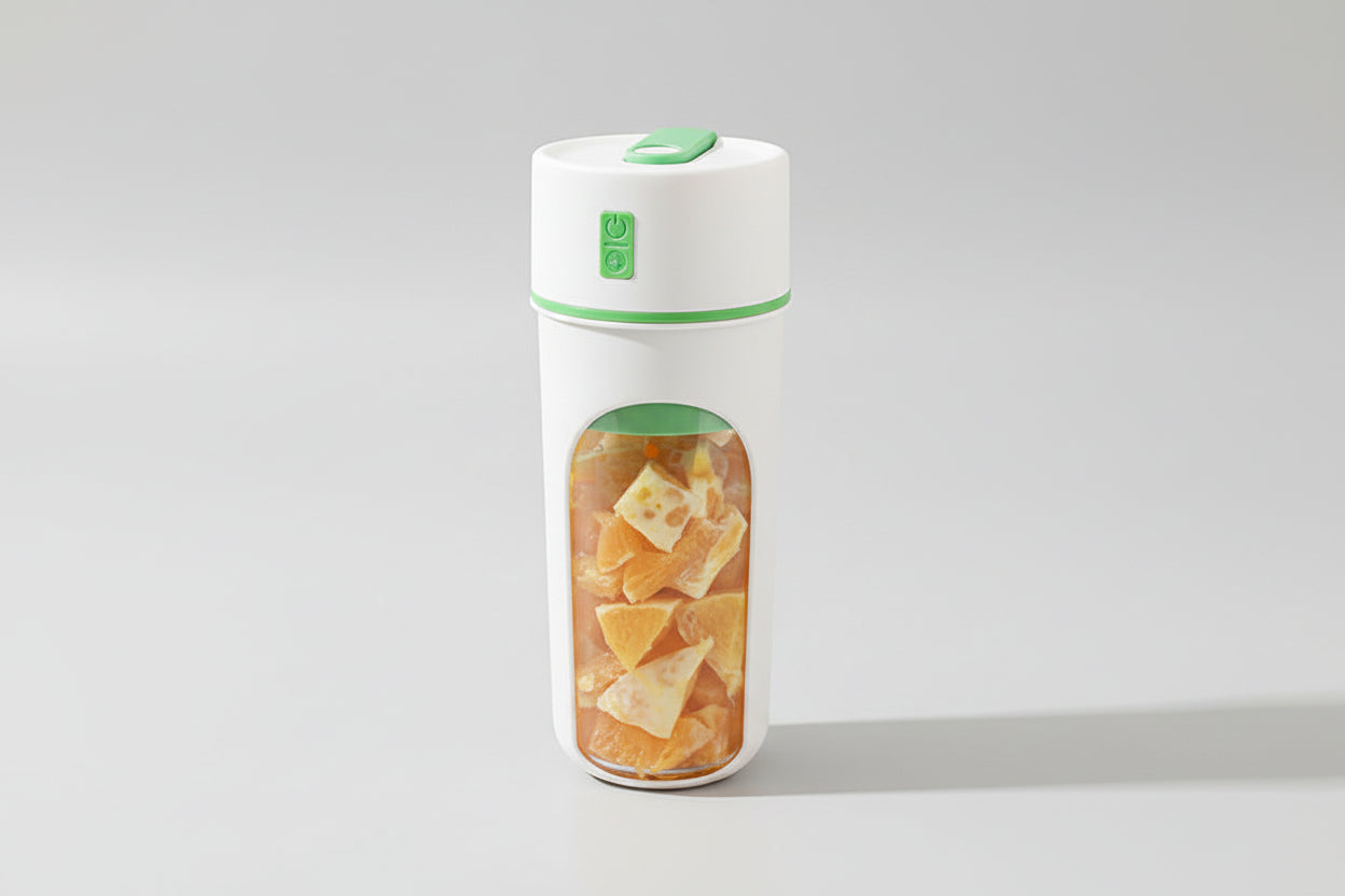 Hand pressing a button on a white and green fruit infuser bottle with fruits around.