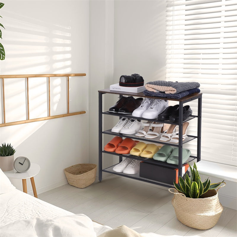 4-Tier Rustic Wooden Shoe Rack with Grid Rack & Coat Hooks – Steel Frame Entryway Organizer