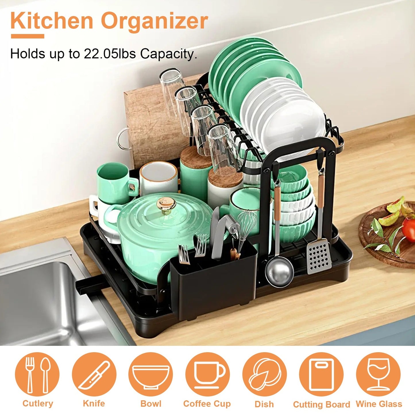 Rustproof 2-Tier Dish Rack with Drainboard – Space-Saving Kitchen Organizer