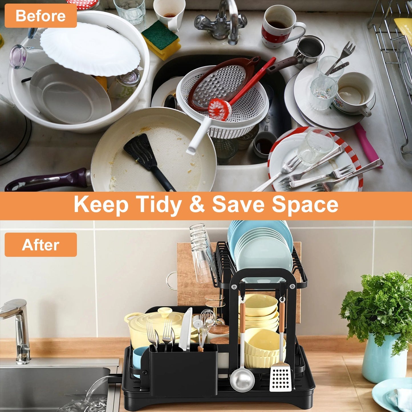 Rustproof 2-Tier Dish Rack with Drainboard – Space-Saving Kitchen Organizer