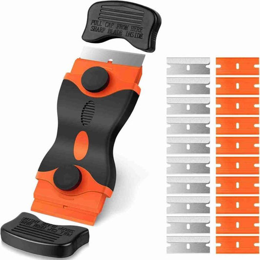 Razor Blade Scraper Tool,With Extra 10Pcs Plastic Blades and 10Pcs Metal Blades, 2-In-1 Scraper Tool Cleaning Razor Scraper for Decals, Stickers, Labels, Caulk, Adhesive, Paint, Cooktop
