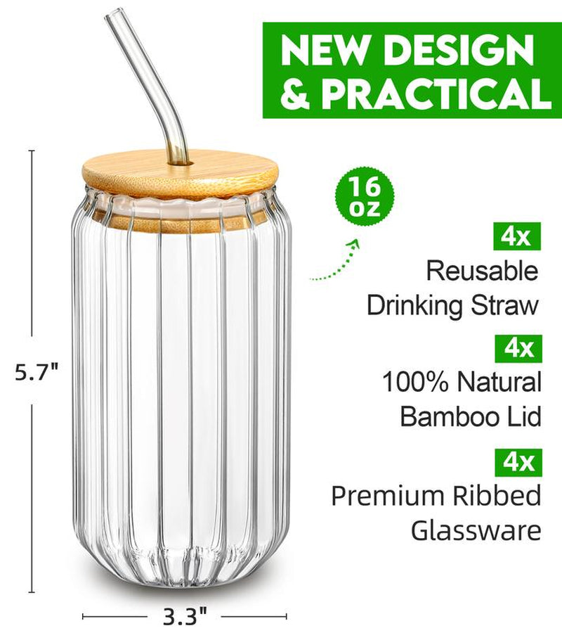 16Oz Glass Cups with Lids & Straws – Reusable Clear Cups for Iced Coffee, Juice, Smoothies, Bubble Tea & Cold Drinks | Bonus Halloween & Christmas Stickers