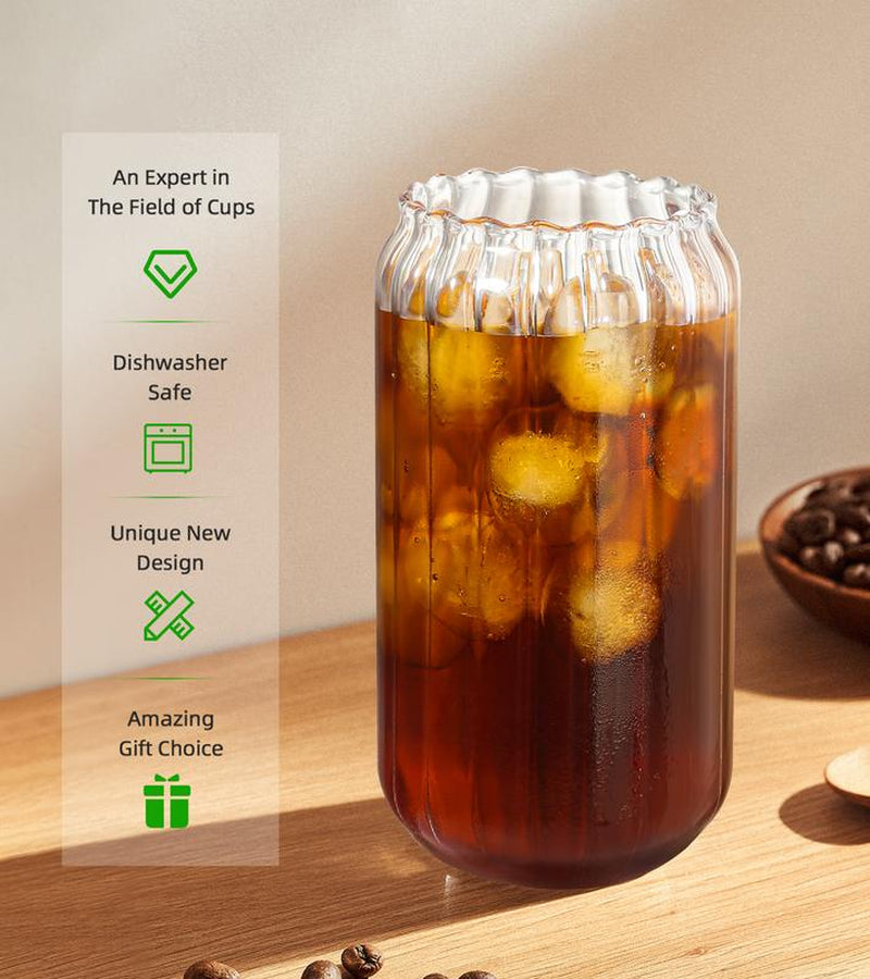 16Oz Glass Cups with Lids & Straws – Reusable Clear Cups for Iced Coffee, Juice, Smoothies, Bubble Tea & Cold Drinks | Bonus Halloween & Christmas Stickers