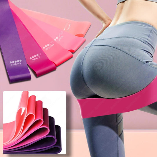 Person using resistance bands with a close-up of the bands on a pink background