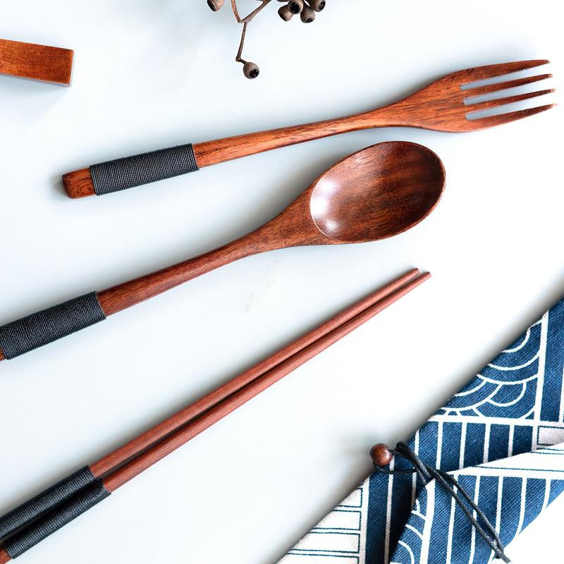 Wooden Tableware Set, 18 Counts Including Spoon, Chopsticks & Fork Set, Handmade Household Tableware, Lunch Packing Accessories, Kitchen Utensils, Kitchen Gadgets, Kitchen Accessories, Dorm Accessories, Gifts