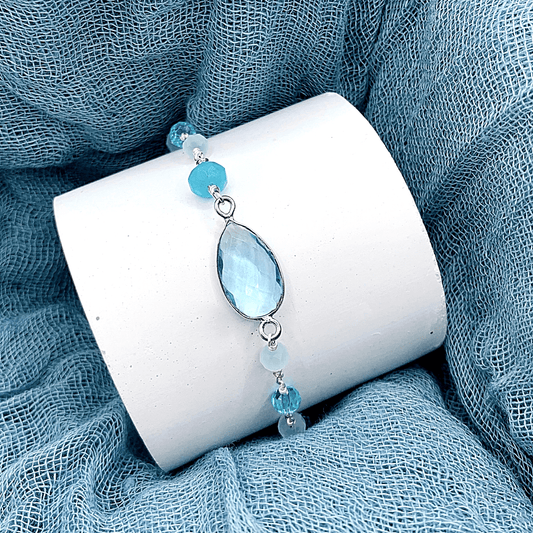 Aquamarine Quartz Adjustable Silver Gemstone Bracelet
