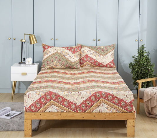 Botanical Cranberry Sage Chevron Floral Fitted Bed Sheet w/ Pillow Cases