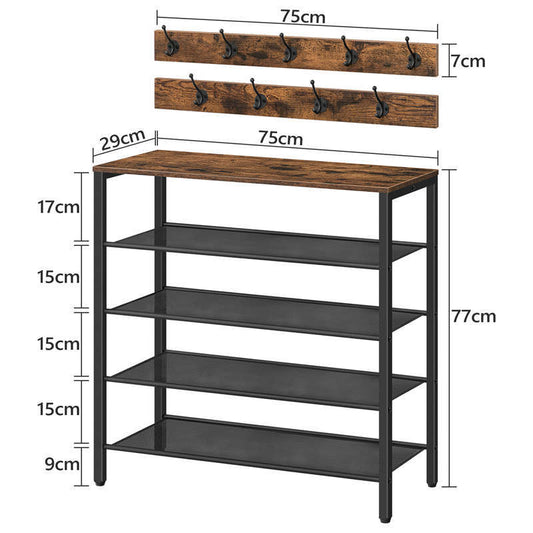 4-Tier Rustic Wooden Shoe Rack with Grid Rack & Coat Hooks – Steel Frame Entryway Organizer
