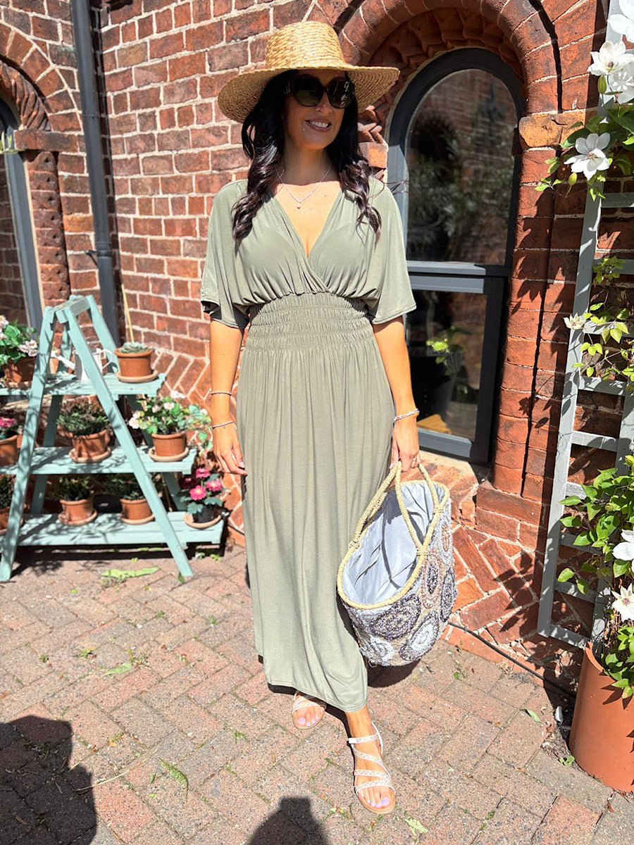 Aydan Bat-sleeved V-neck Slit Dress