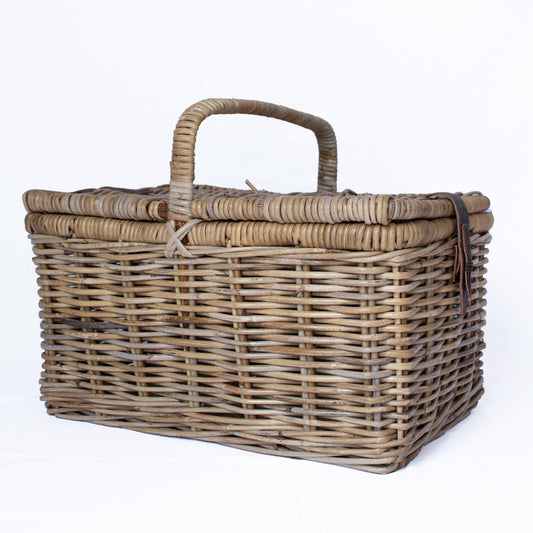 Rattan Picnic Basket with Faux Leather Straps