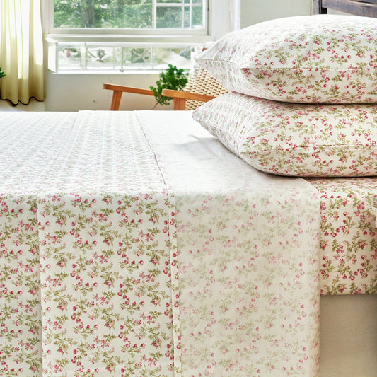 DaDa Bedding Collection Romantic Coquette Sheet Set - 100% Cotton Floral Fitted & Flat Sheets with Pillowcases - Deep Pocket Design - Soft, Breathable, Wrinkle-Resistant