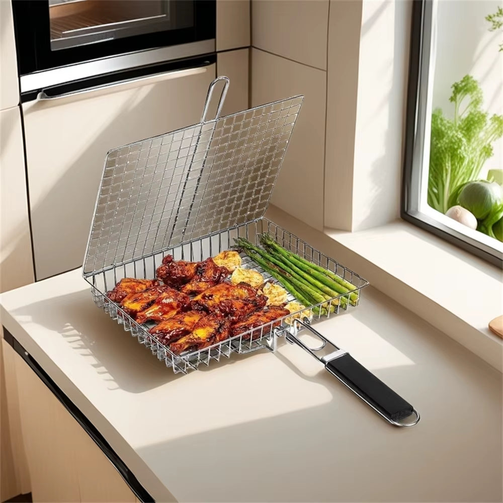 Grill Basket Stainless Steel Folding Grilling Baskets Outdoor Camping BBQ Rack Vegetable Steak Tool for Picnic Party Barbecue