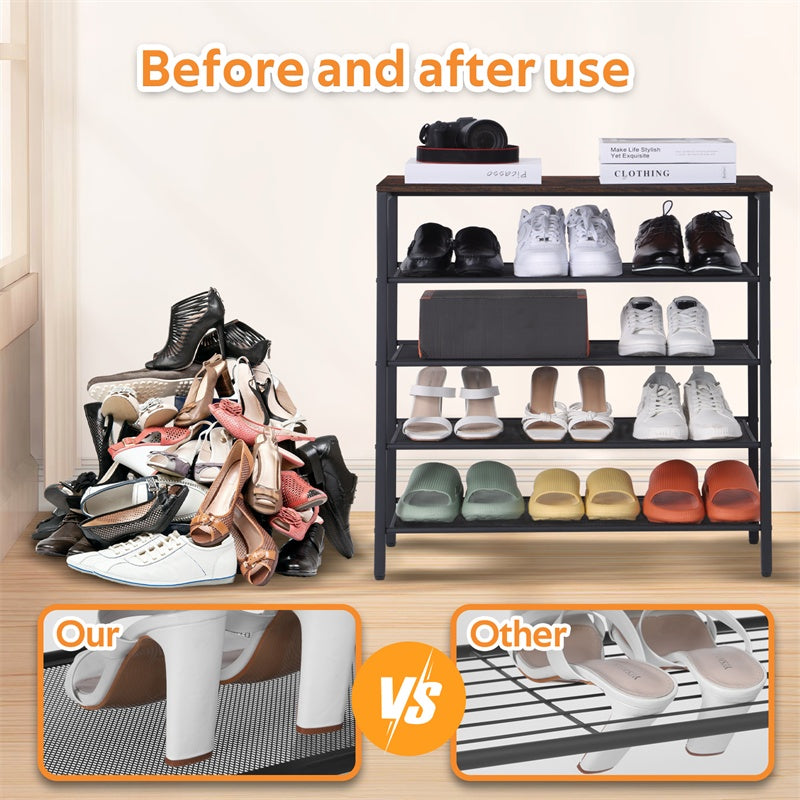 4-Tier Rustic Wooden Shoe Rack with Grid Rack & Coat Hooks – Steel Frame Entryway Organizer