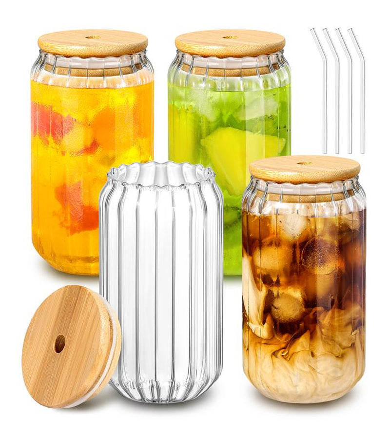 16Oz Glass Cups with Lids & Straws – Reusable Clear Cups for Iced Coffee, Juice, Smoothies, Bubble Tea & Cold Drinks | Bonus Halloween & Christmas Stickers
