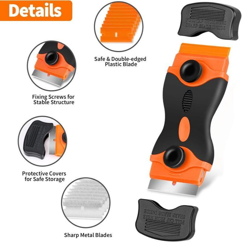 Razor Blade Scraper Tool,With Extra 10Pcs Plastic Blades and 10Pcs Metal Blades, 2-In-1 Scraper Tool Cleaning Razor Scraper for Decals, Stickers, Labels, Caulk, Adhesive, Paint, Cooktop