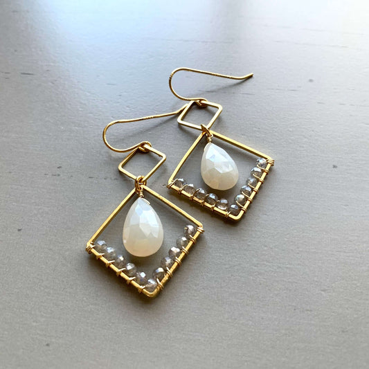 White Chalcedony Gold Geometric Earrings