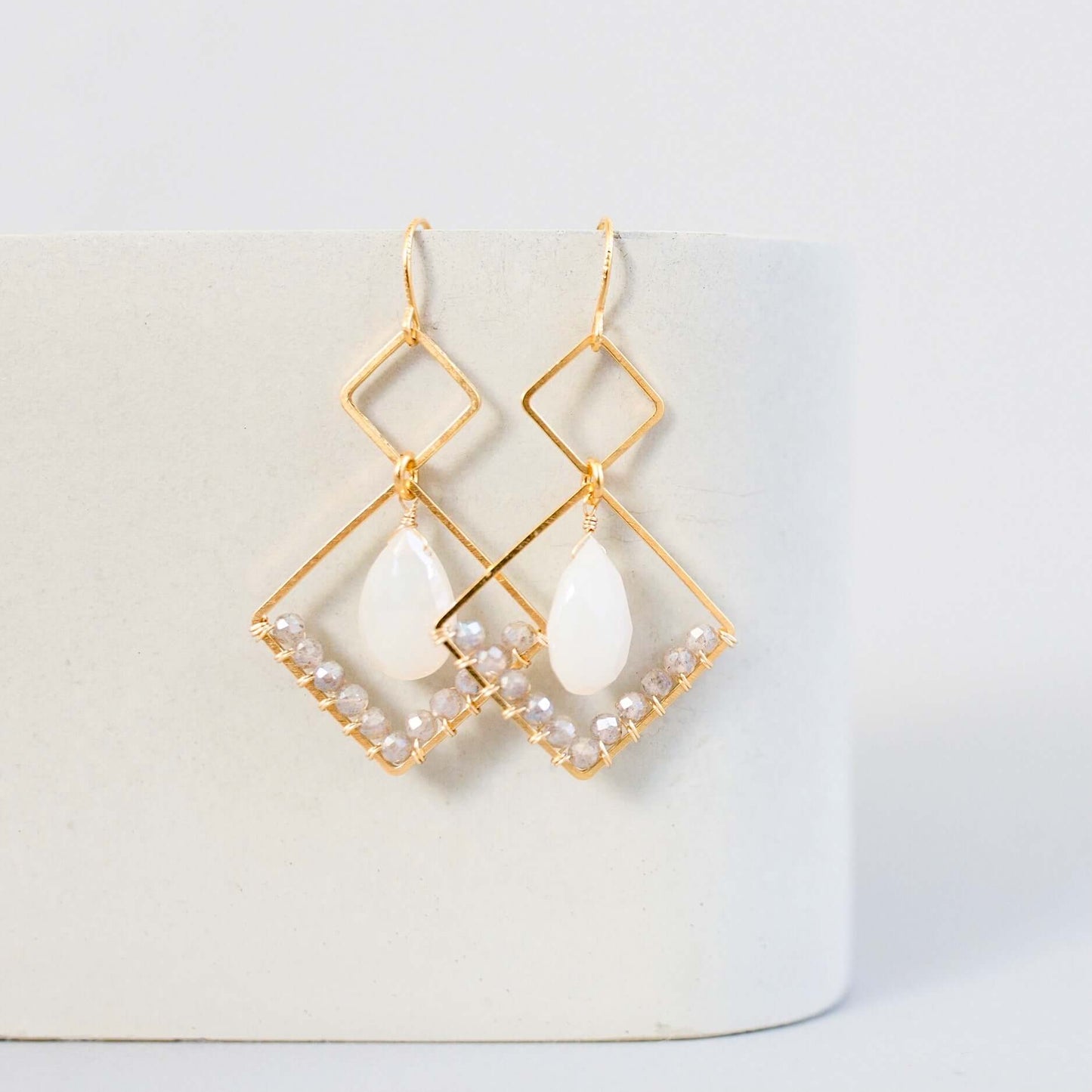 White Chalcedony Gold Geometric Earrings