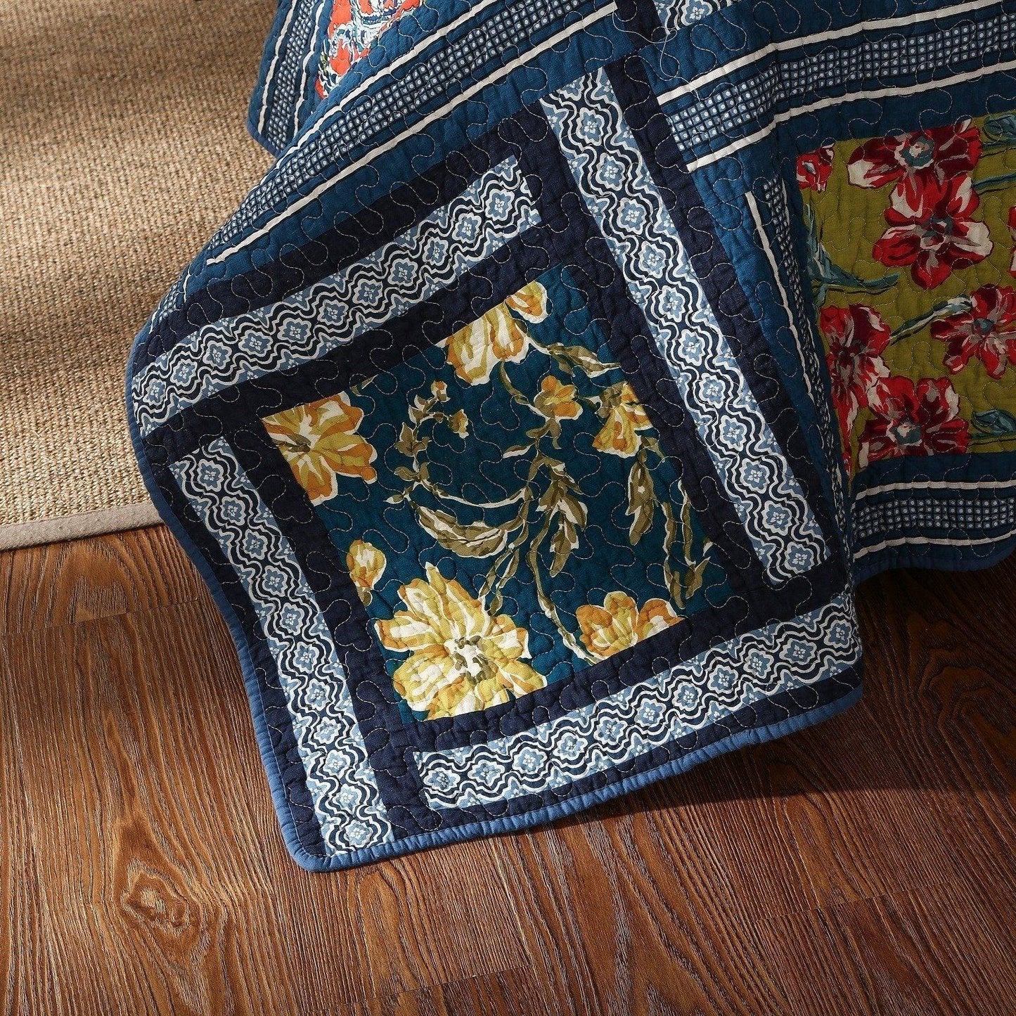 DaDa Bedding Bohemian Floral Midnight Ocean Blue Cotton Patchwork Bedspread Set (JHW-572)
